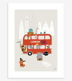 LONDRES - Cartaz para crianças - Autocarro de Londres e animais
