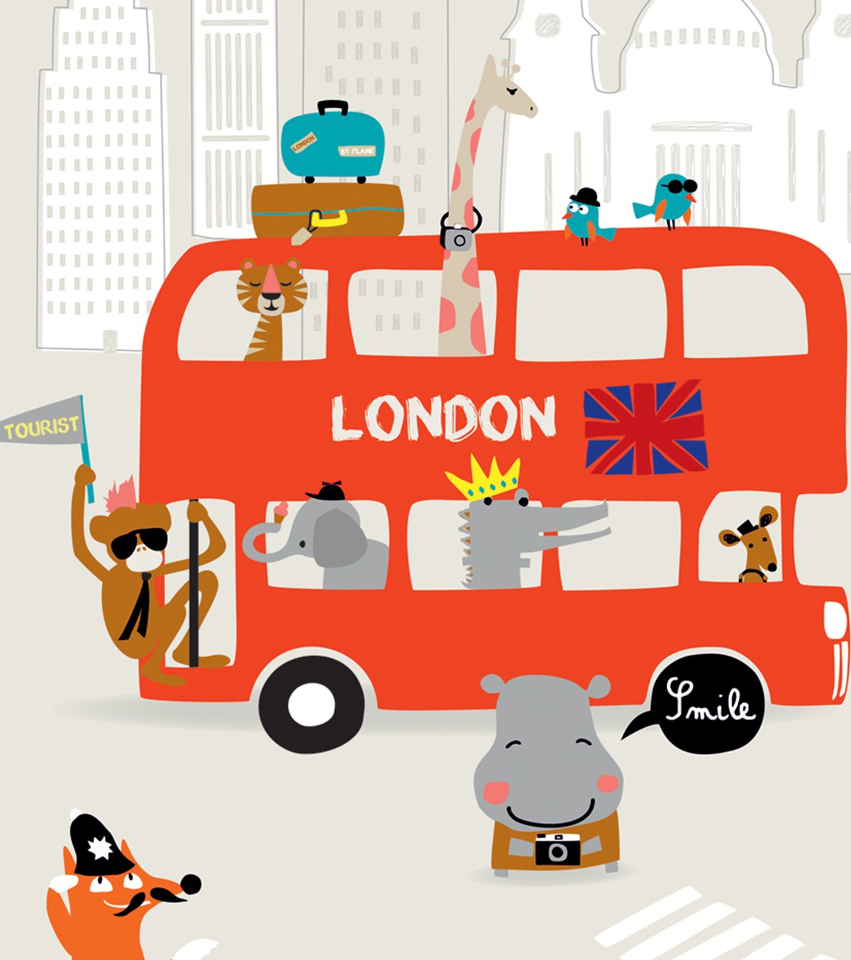 LONDRES - Cartaz para crianças - Autocarro de Londres e animais
