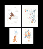 GENTLE FRIENDS - Conjunto de 4 posters para crianças - Coelho, urso, raposa, balões de ar quente